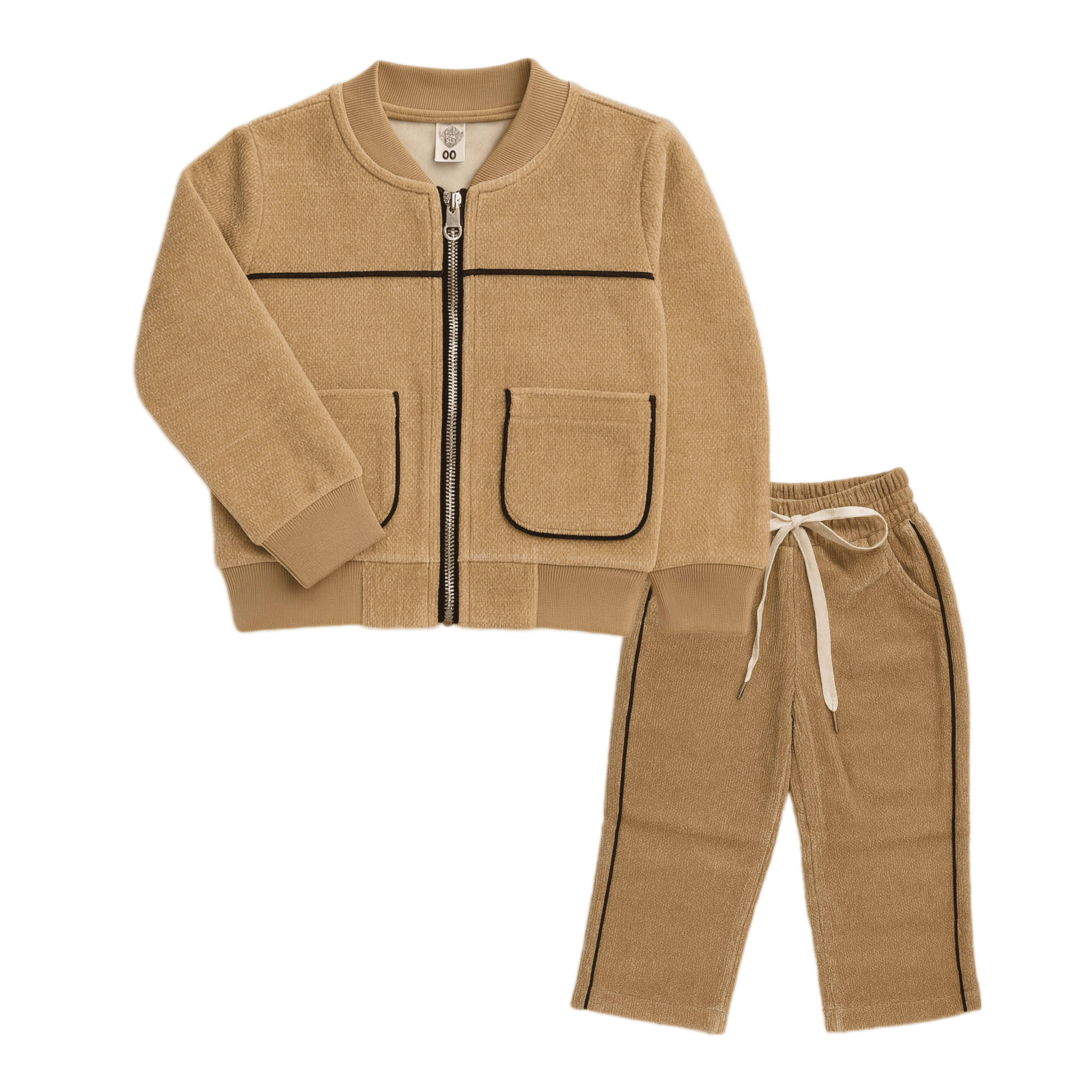 Camel Zip Jacket & Jogger Set with Contrast Piping