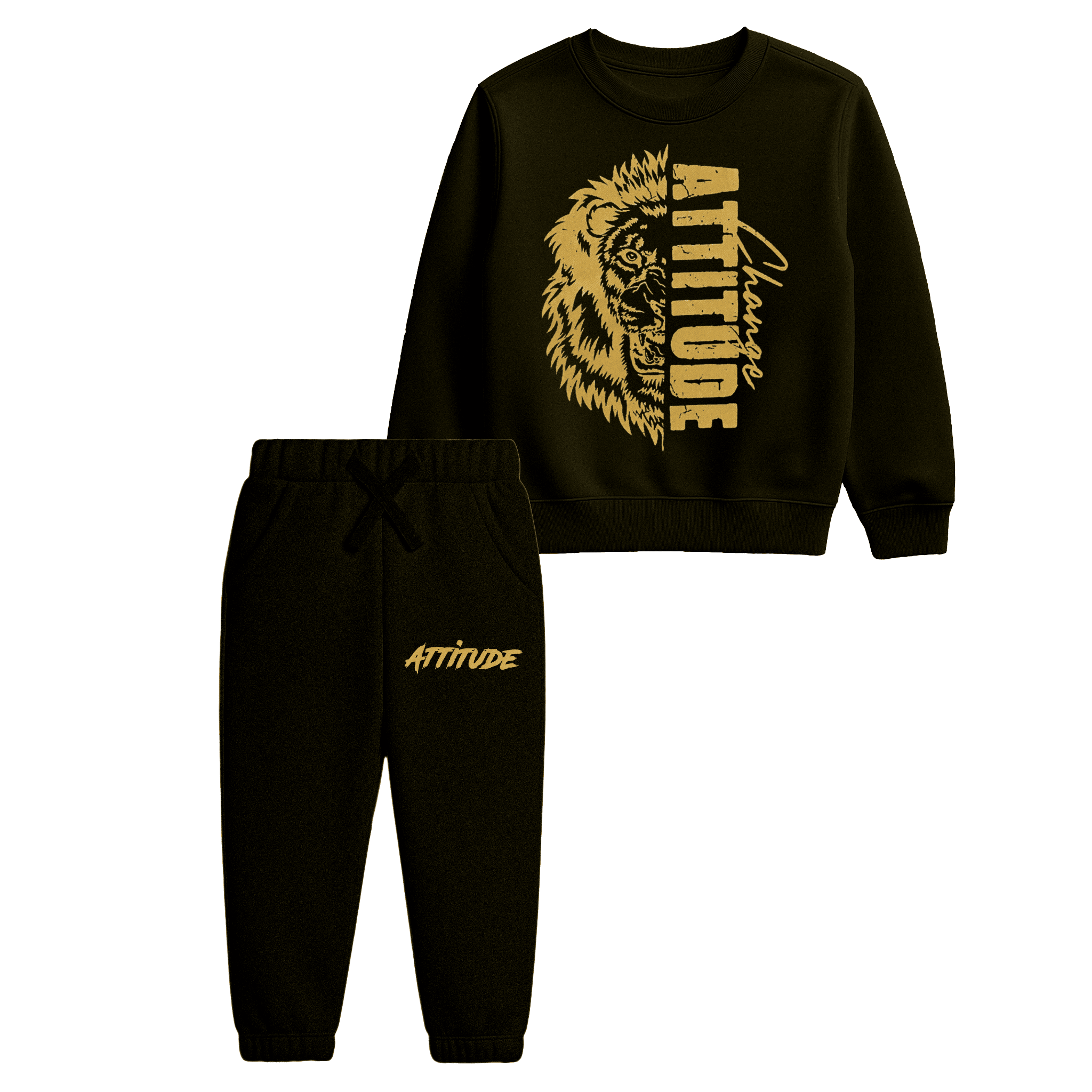 Black & Gold “Change Attitude” Lion Print Sweatshirt & Trouser Suit