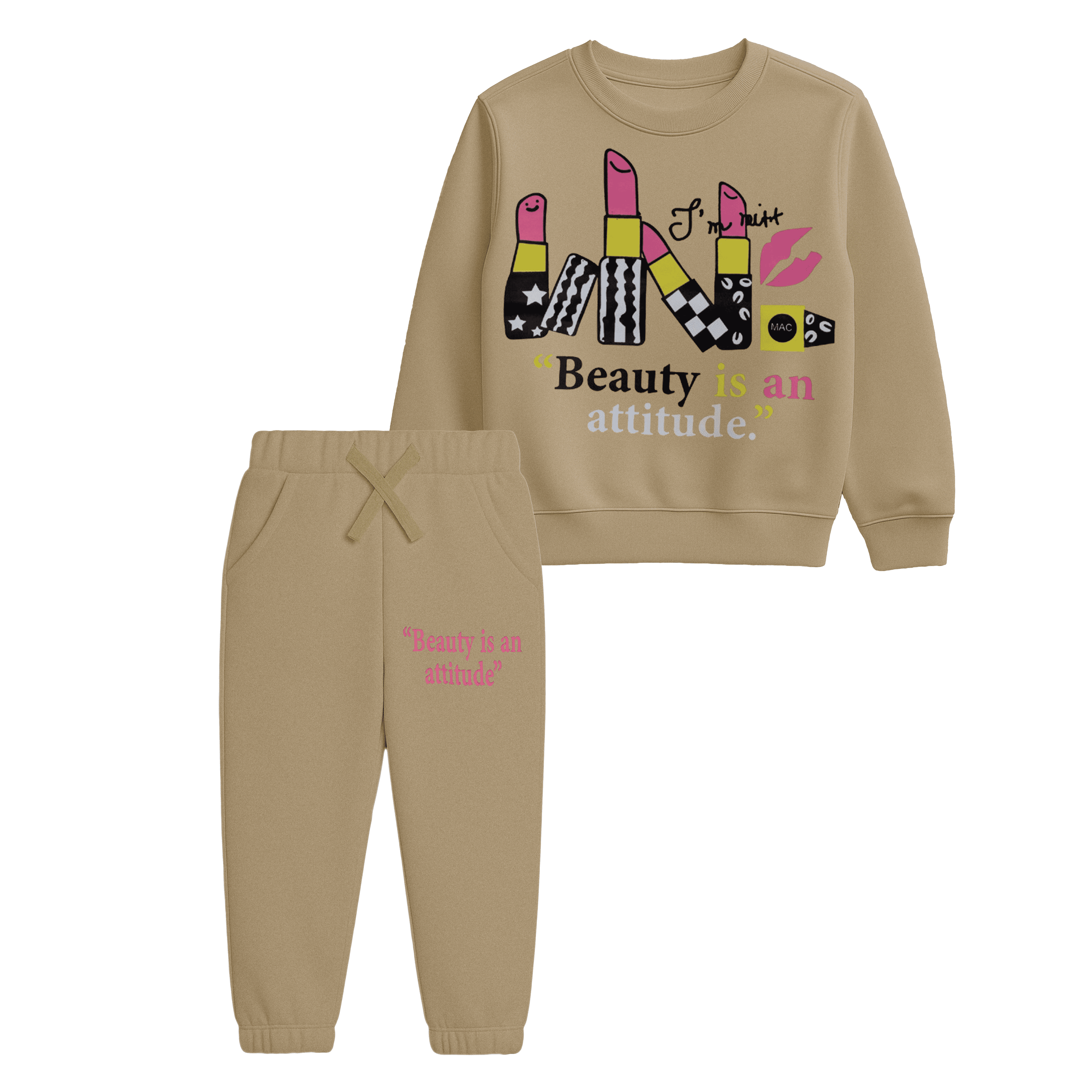 Girls “Beauty Is an Attitude” Lipstick Print Sweatshirt & Jogger Set – Beige