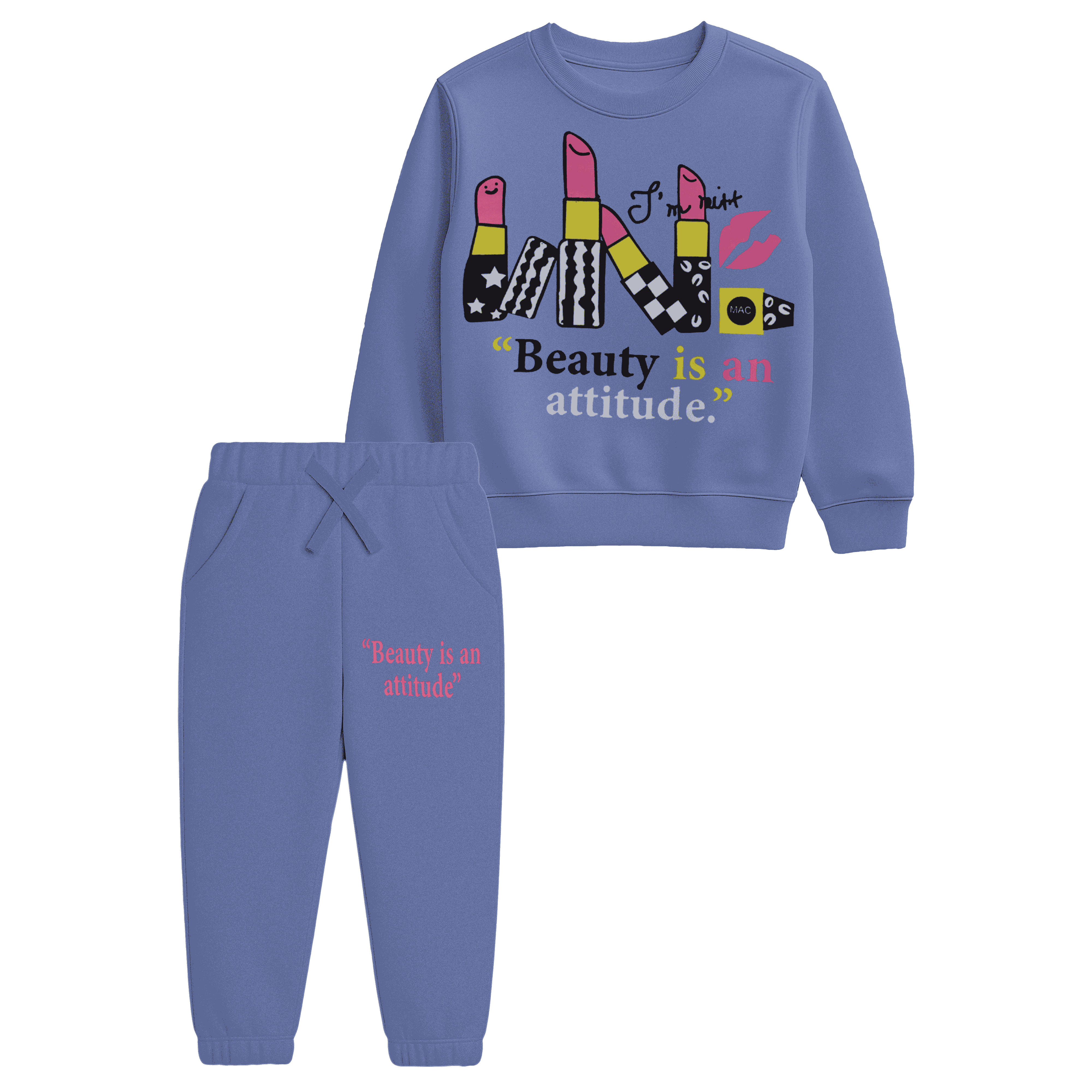 Girls “Beauty Is an Attitude” Lipstick Print Sweatshirt & Jogger Suit – Purple Blue