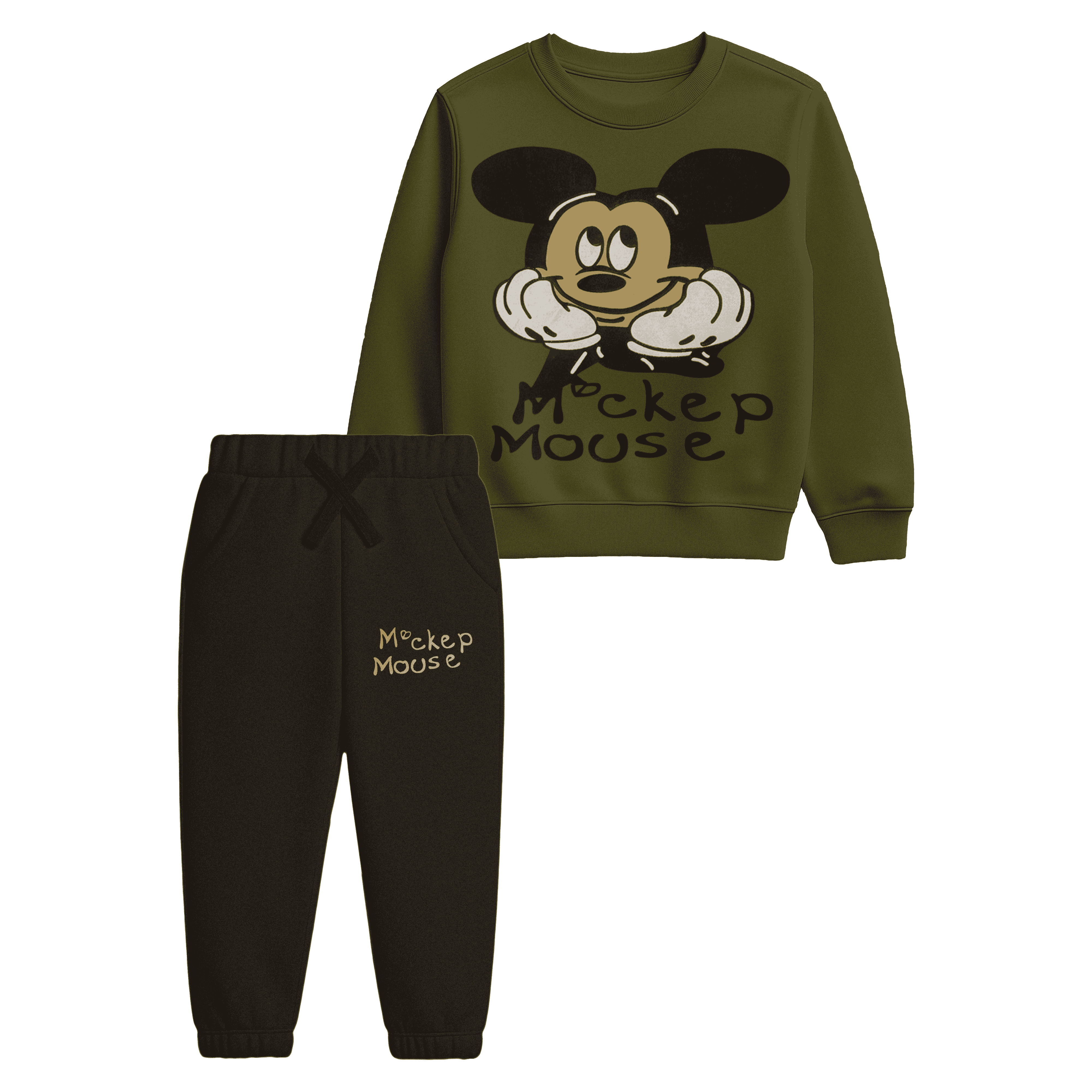 Kids “Mockep Mouse” Sweatshirt & Jogger Set – Olive Green & Black