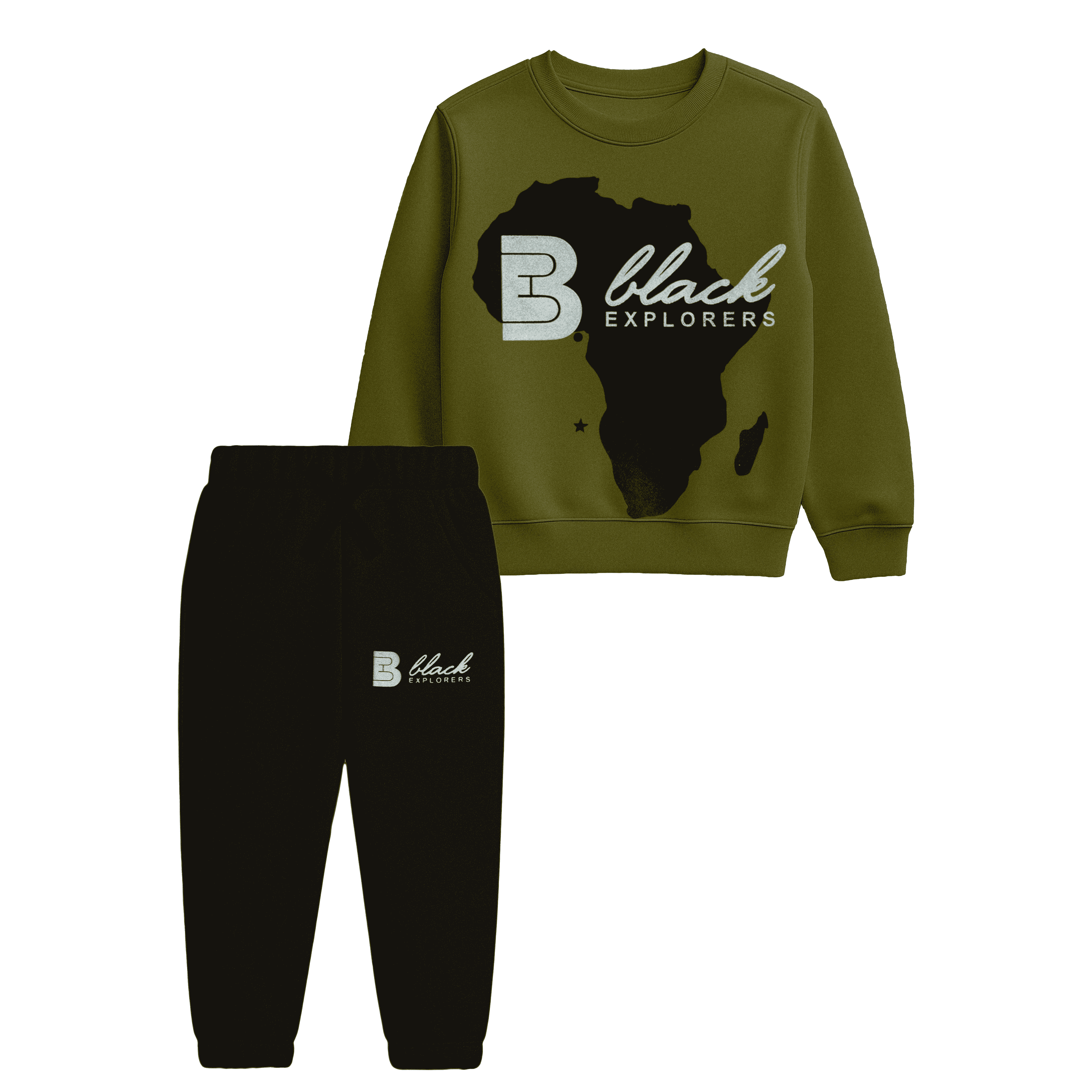 Kids “Black Explorers” Sweatshirt & Jogger Set – Olive Green & Black