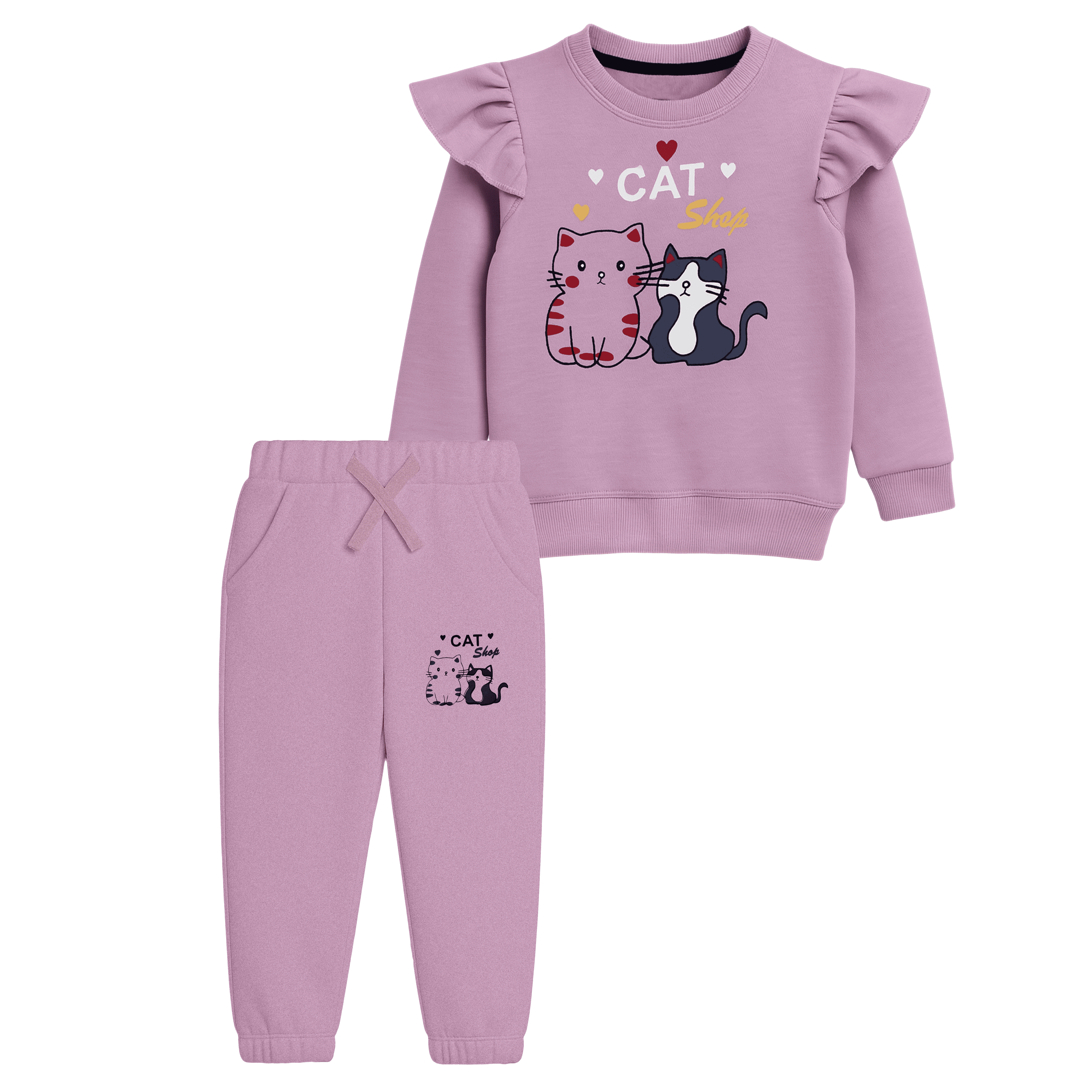Girls “Cat Shop” Ruffle Sweatshirt & Jogger Set – Purple
