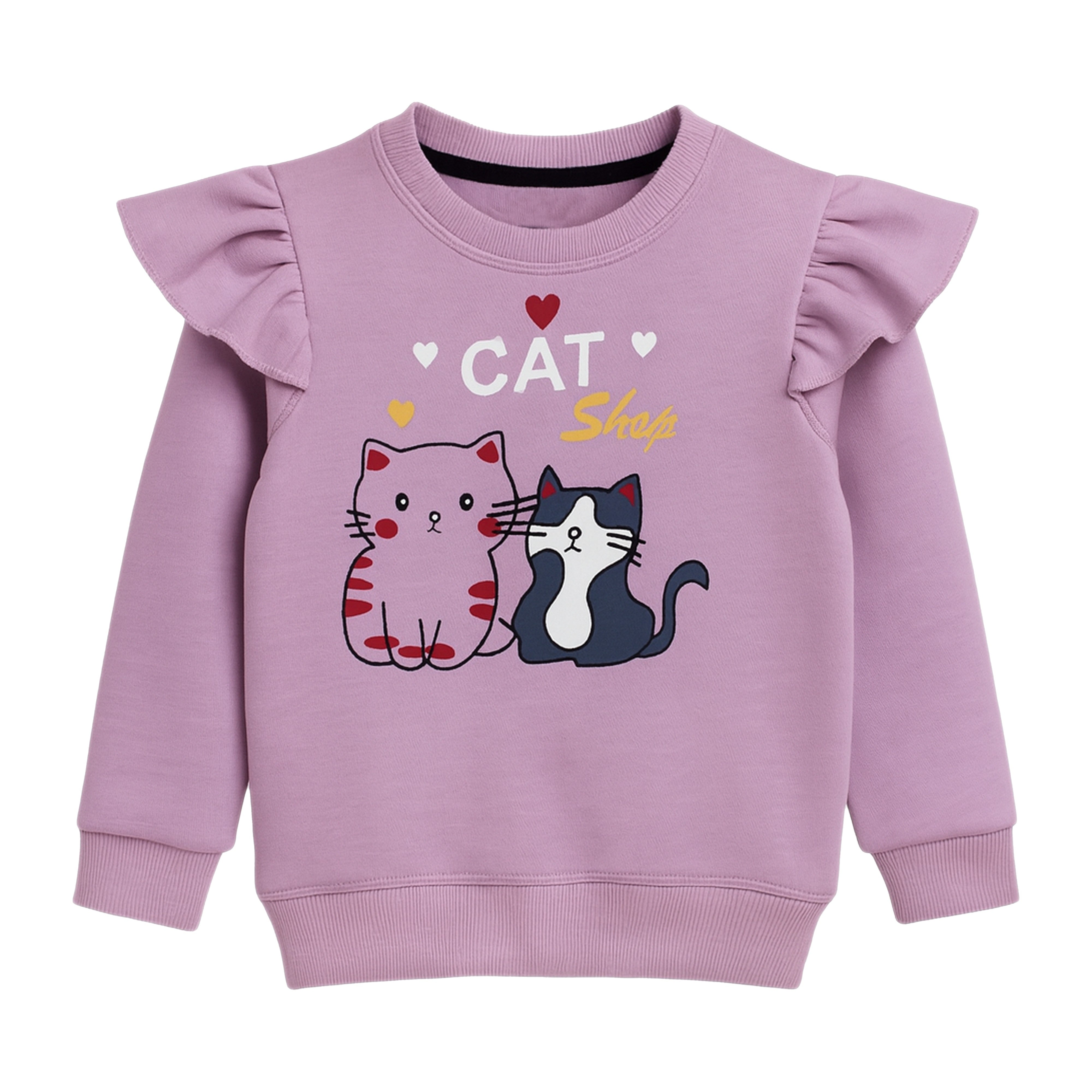 Girls “Cat Shop” Ruffle Sweatshirt & Jogger Set – Purple