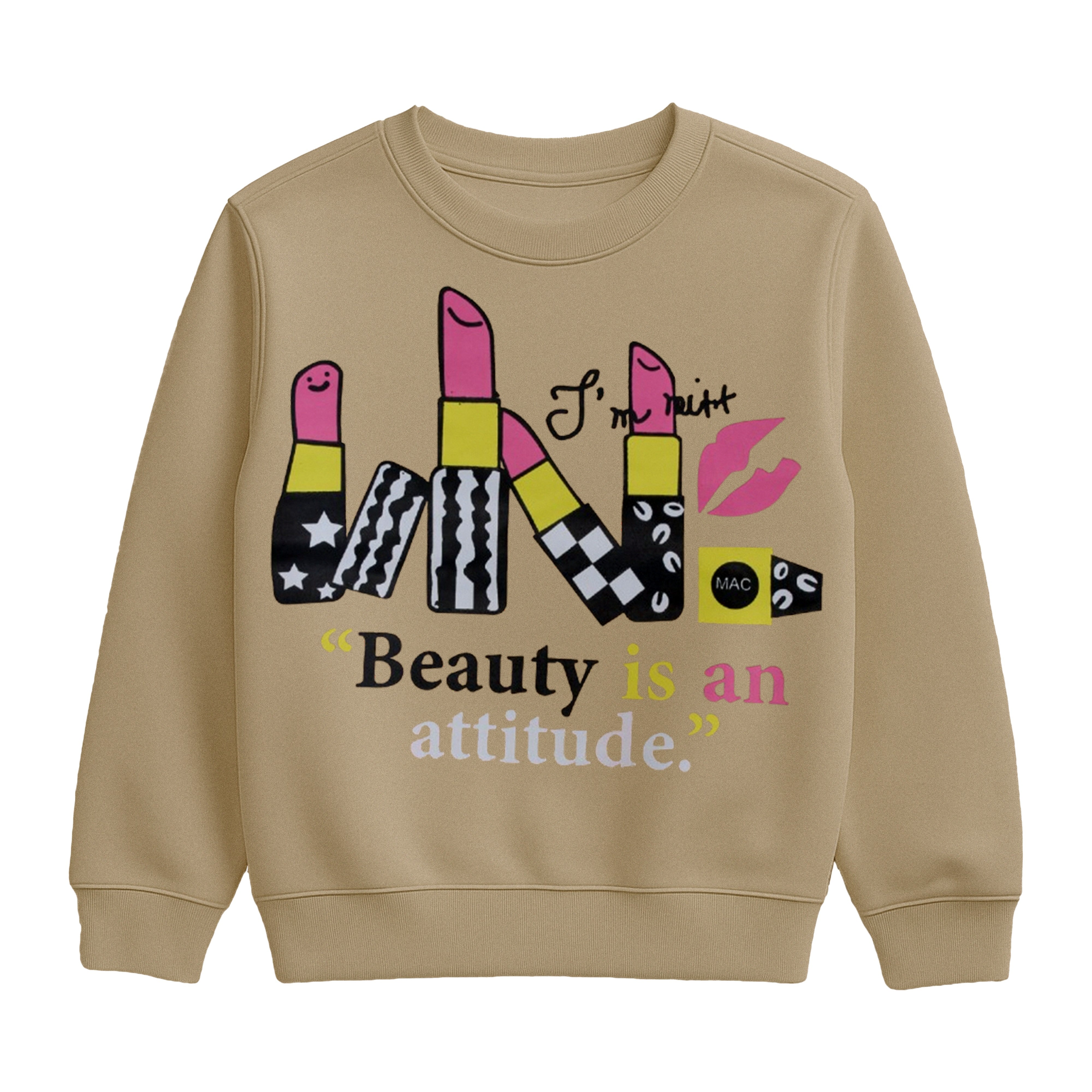 Girls “Beauty Is an Attitude” Lipstick Print Sweatshirt & Jogger Set – Beige