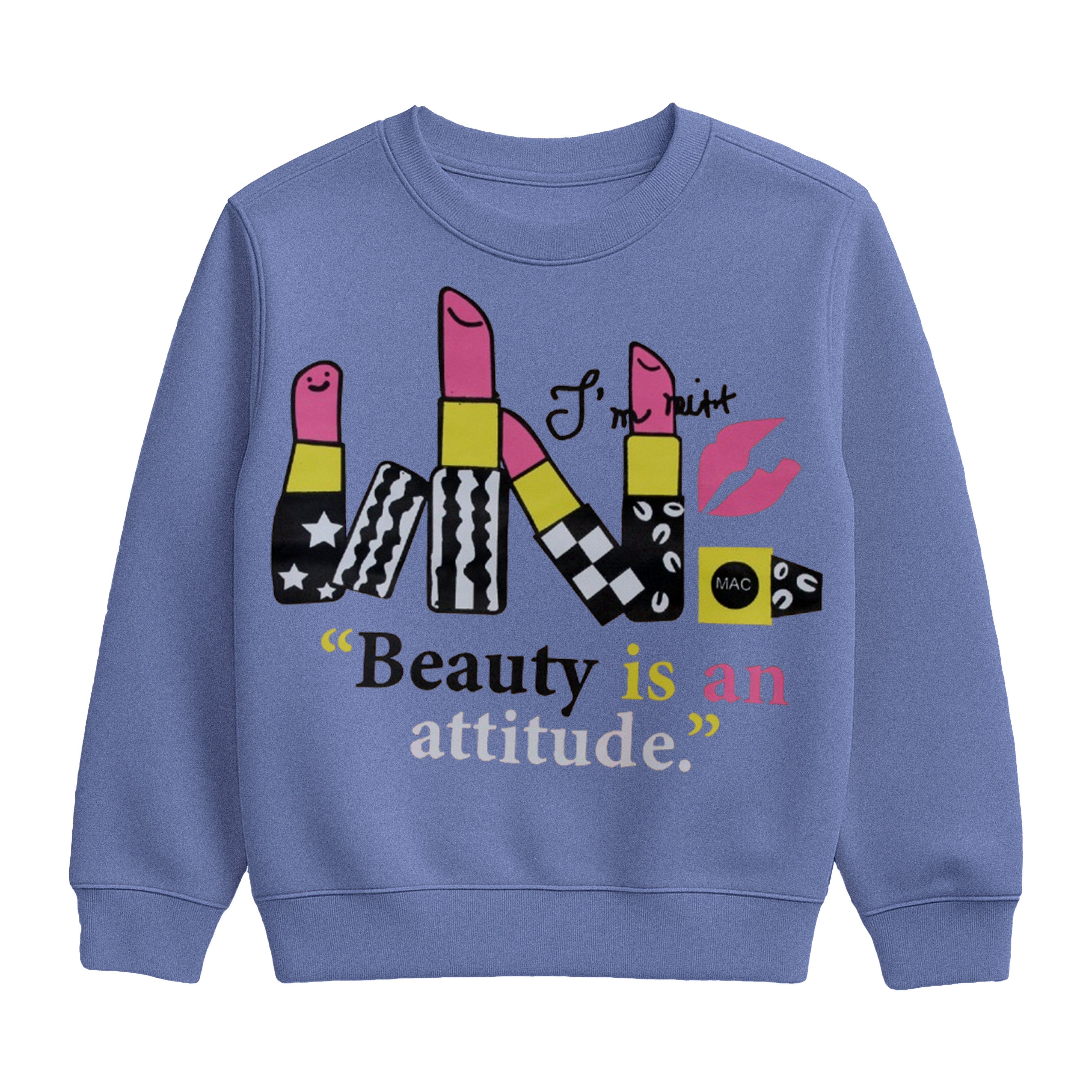 Girls “Beauty Is an Attitude” Lipstick Print Sweatshirt & Jogger Suit – Purple Blue